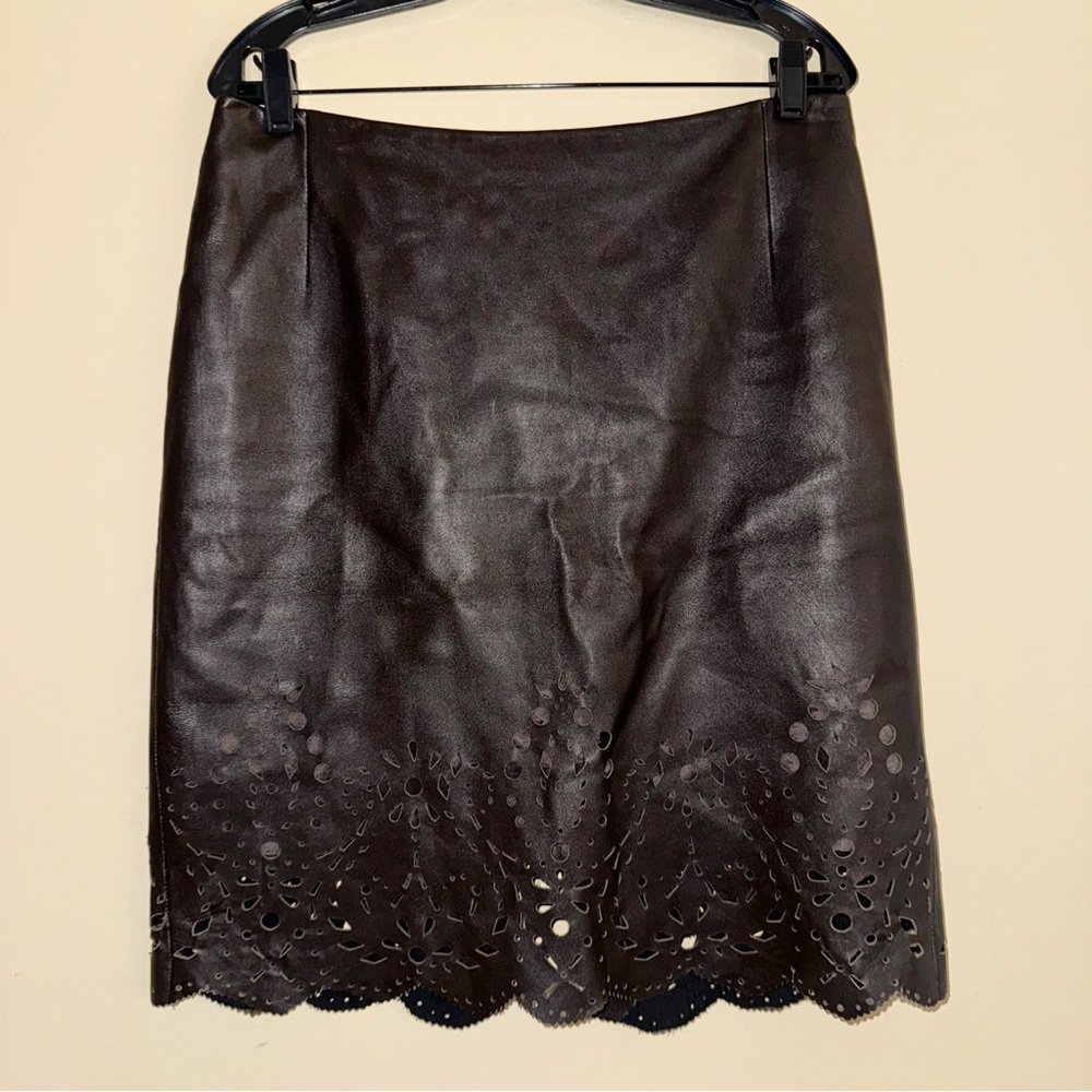 Vintage Chetta B Bergdorf Goodman Brown Cutout Midi 100% Leather Skirt Size 14